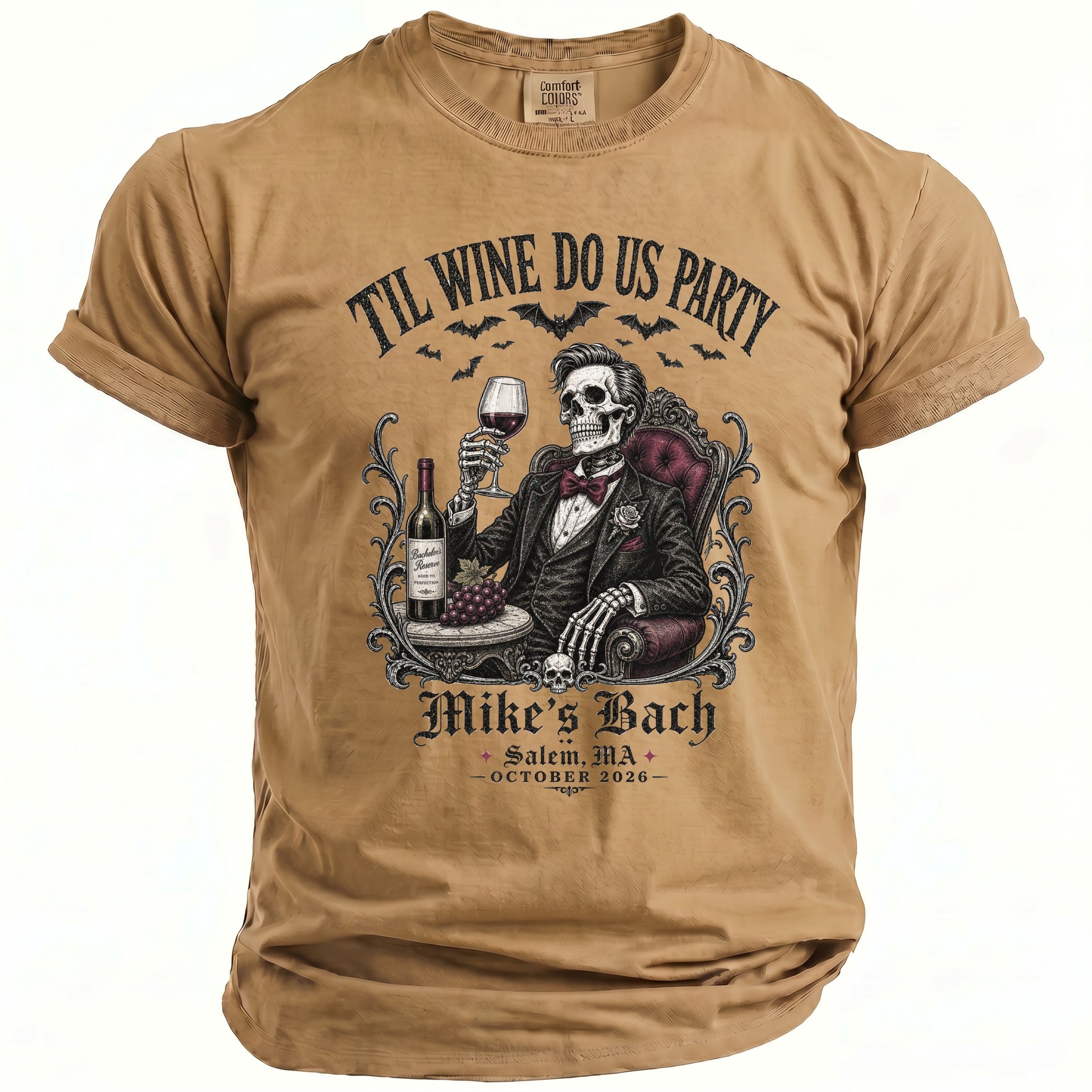 Brown t-shirt with skeleton holding wine, "Til Wine Do Us Party," and event details.