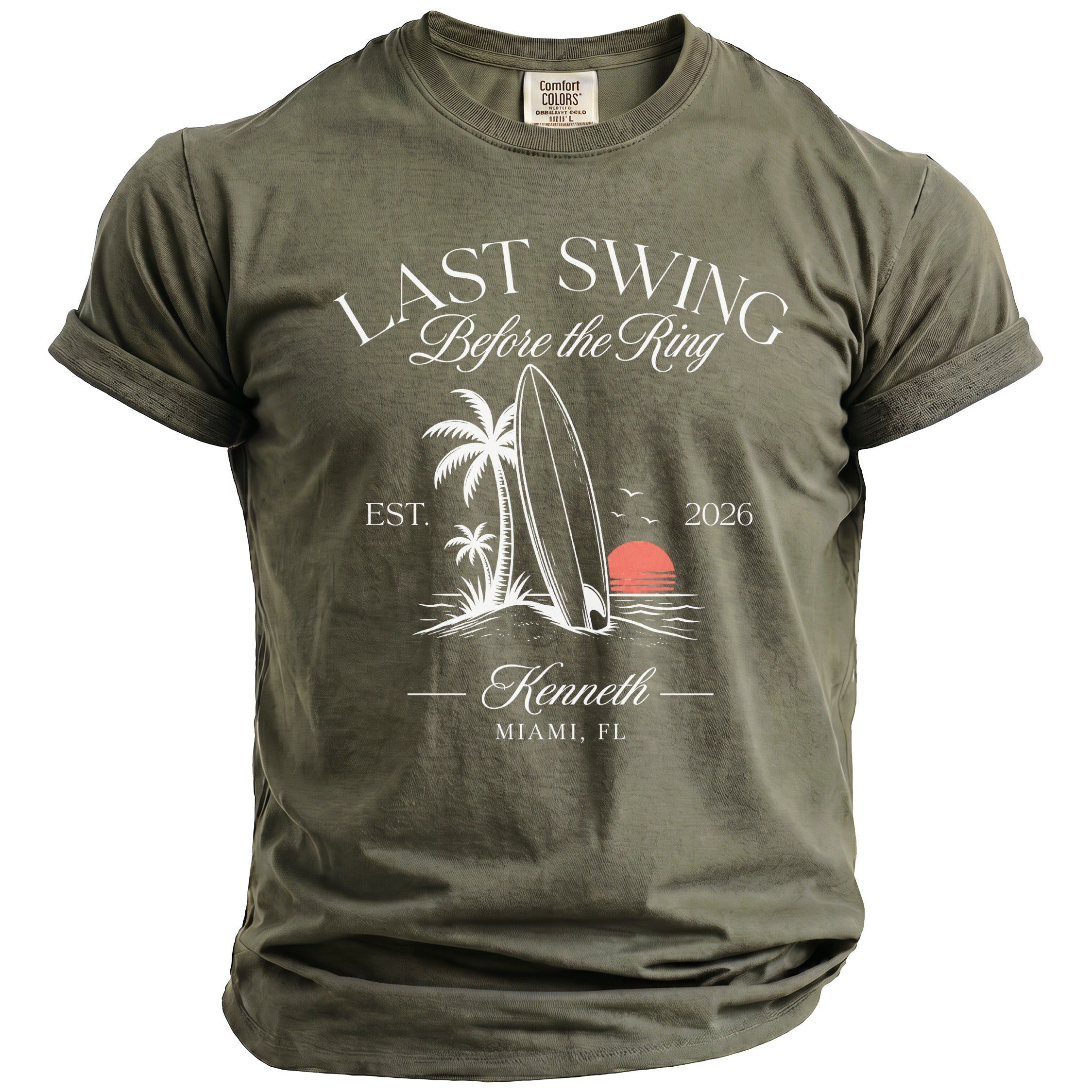 Olive green t-shirt with "Last Swing Before the Ring" graphic.