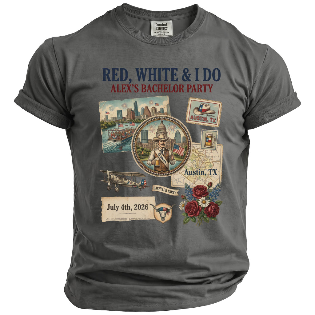Grey t-shirt with "Red, White & I Do Alex's Bachelor Party" text and graphics.