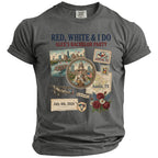 Grey t-shirt with "Red, White & I Do Alex's Bachelor Party" text and graphics.