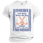 White t-shirt with "Last Swing Before the Ring" and golf design.