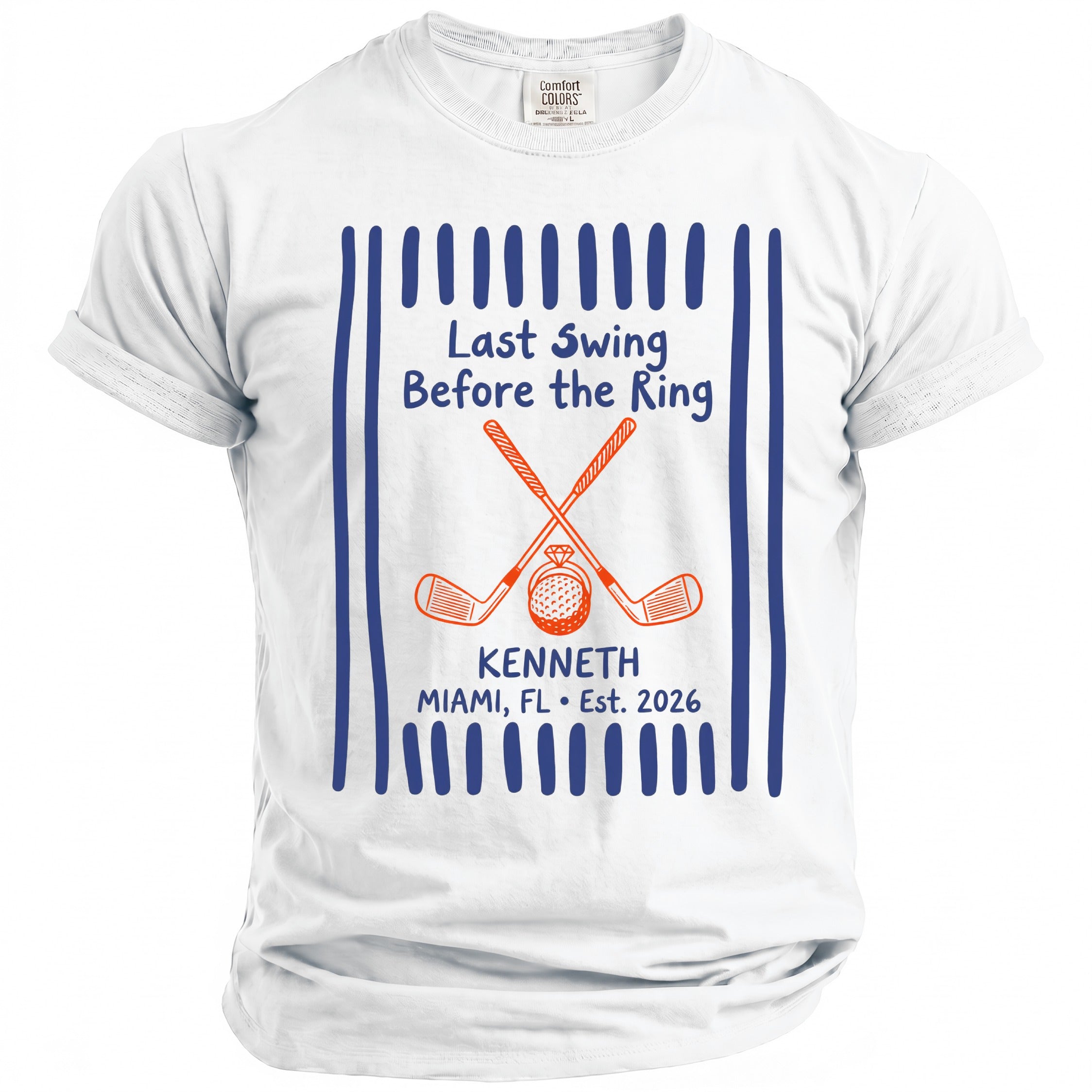 White t-shirt with "Last Swing Before the Ring" and golf design.