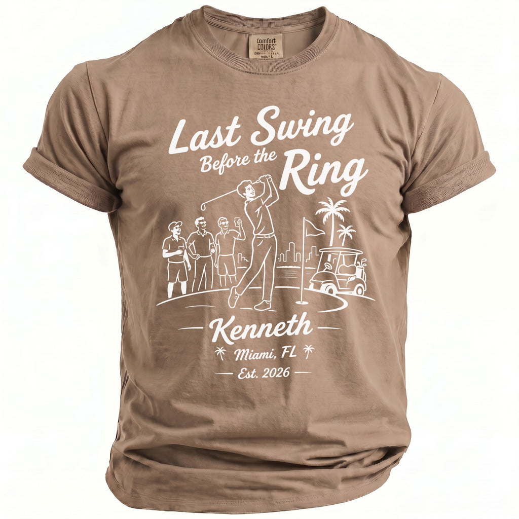 T-shirt with "Last Swing Before the Ring Kenneth Miami, FL Est. 2026" text.