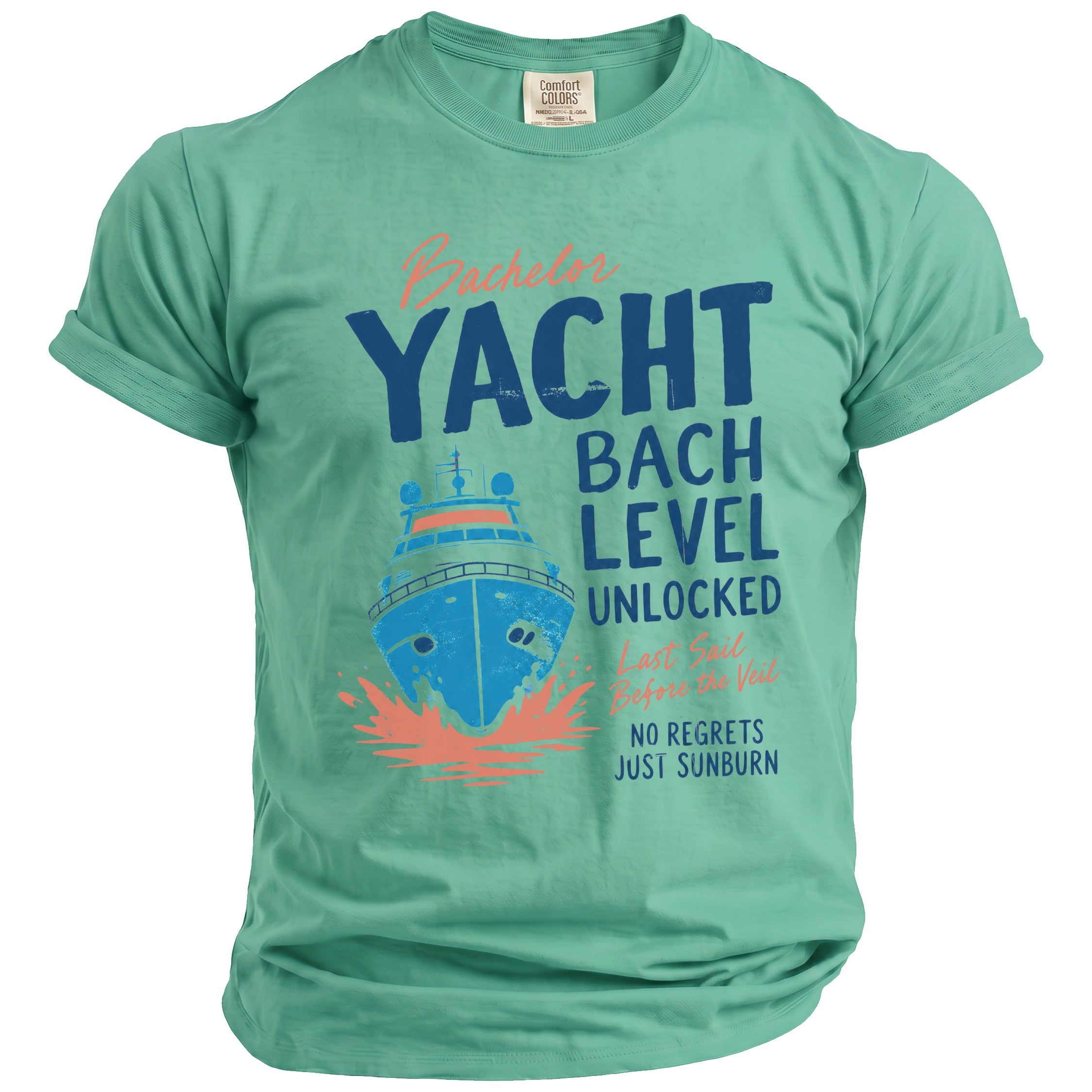 Green t-shirt with "Bachelor Yacht Bach Level Unlocked" text and a boat graphic.