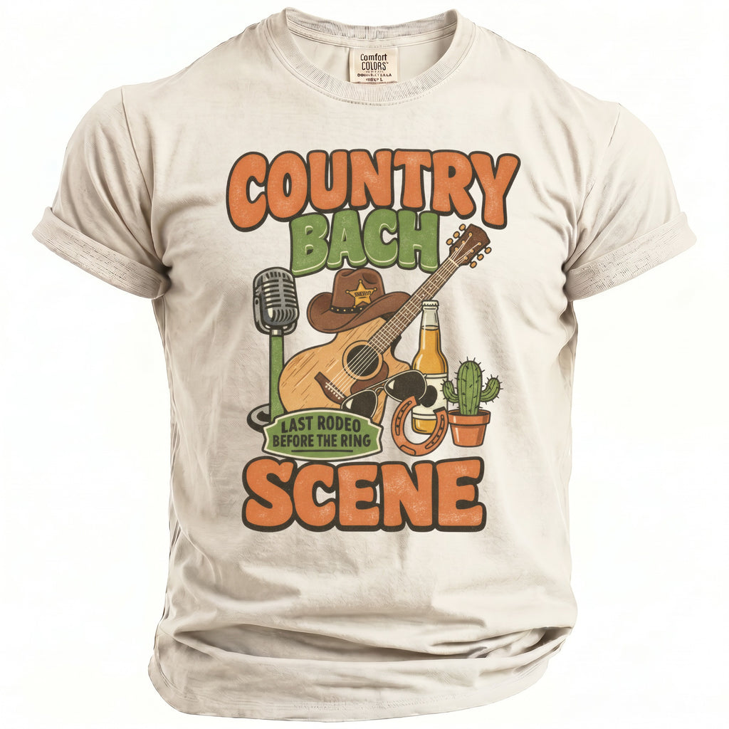 Cream t-shirt with "Country Bach Scene," guitar, cowboy hat, and beer.