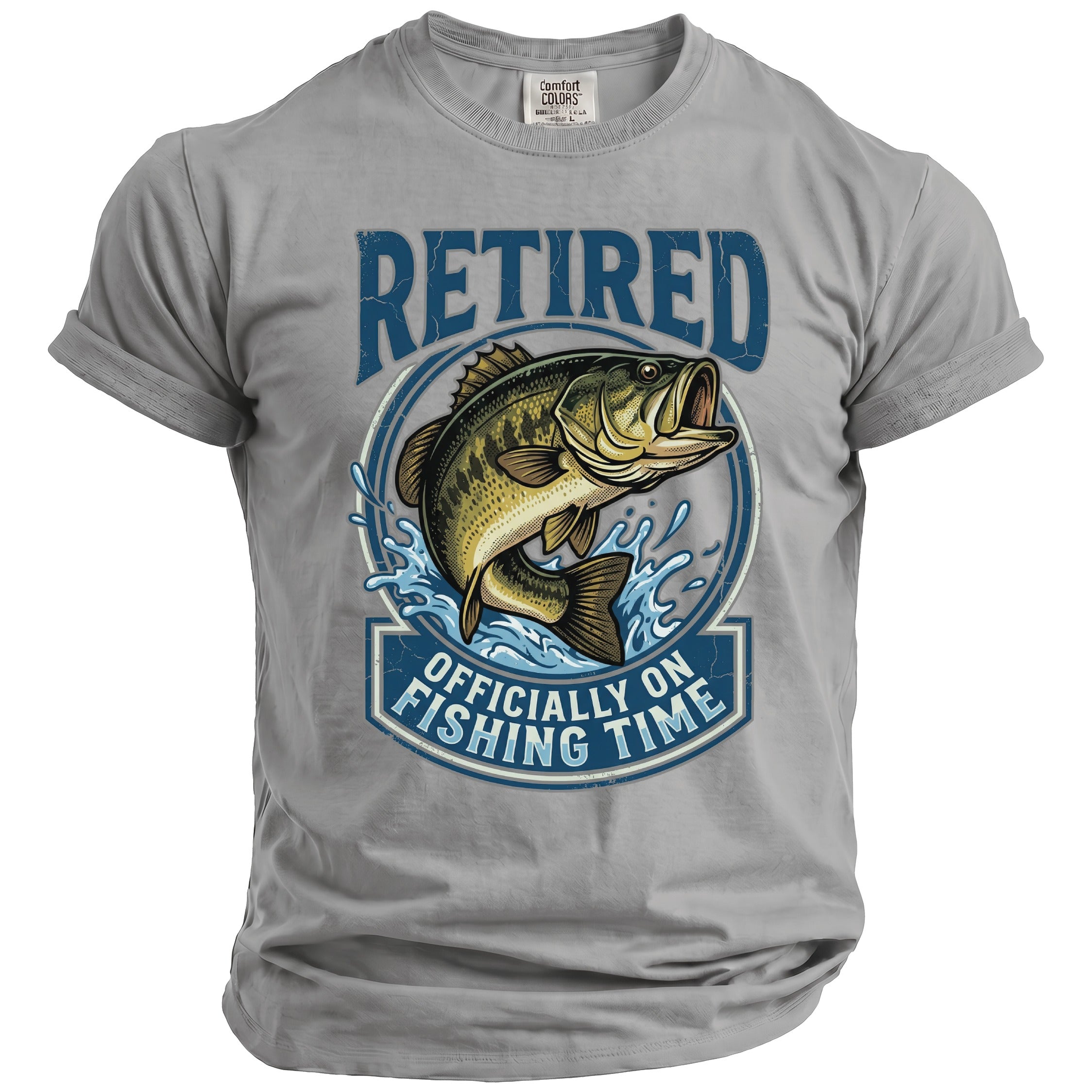Grey t-shirt with a jumping bass fish graphic and text "RETIRED OFFICIALLY ON FISHING TIME".