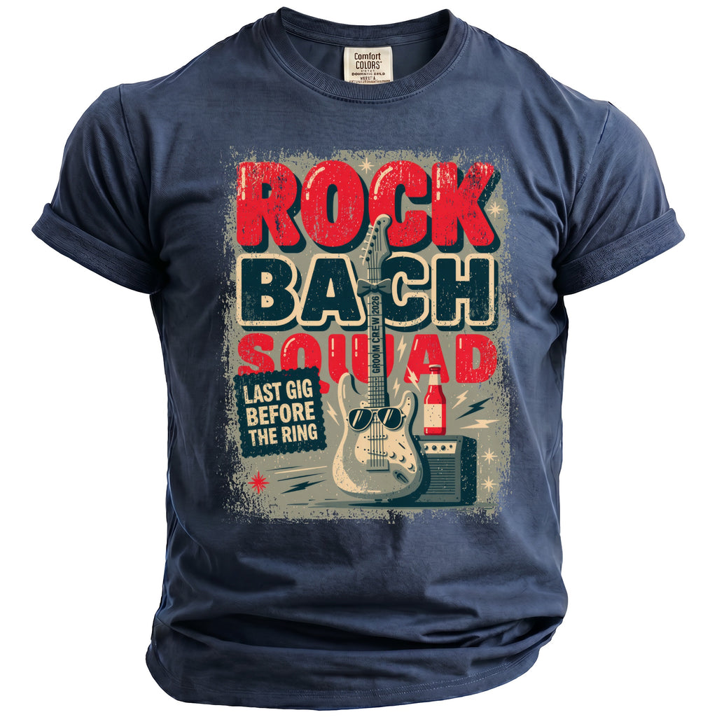 Navy t-shirt with "Rock Bach Squad" graphic, guitar, and beer.