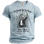 Light blue t-shirt with "Til Death Do Us Party" and skeleton graphic.