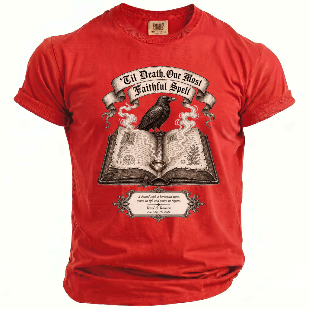 Red t-shirt with crow on open book, text: 'Til Death, Our Most Faithful Spell.