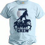 Light blue t-shirt with "GROOM CREW" text and wolf-themed graphic.