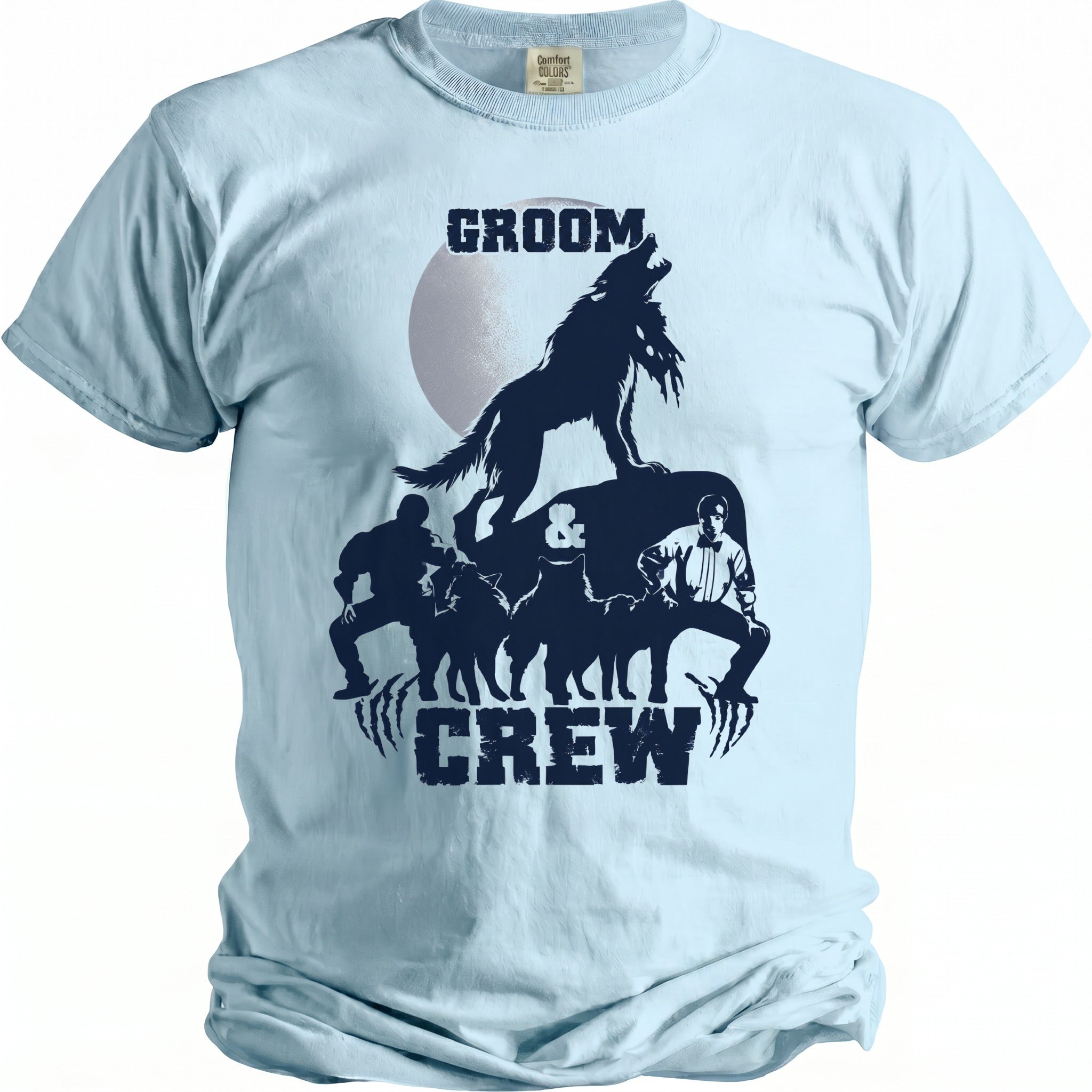 Light blue t-shirt with "GROOM CREW" text and wolf-themed graphic.