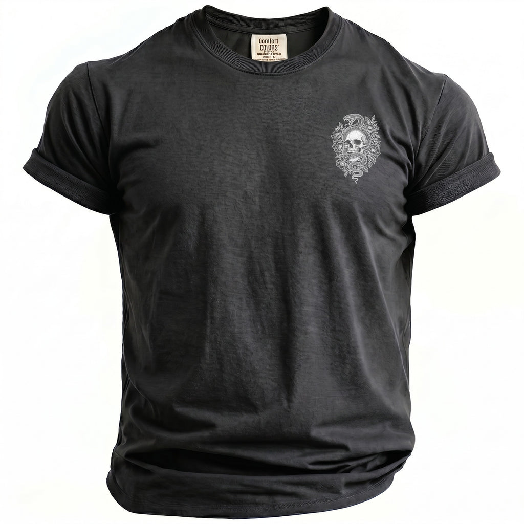 Black t-shirt with Comfort Colors tag and skull and snake graphic.