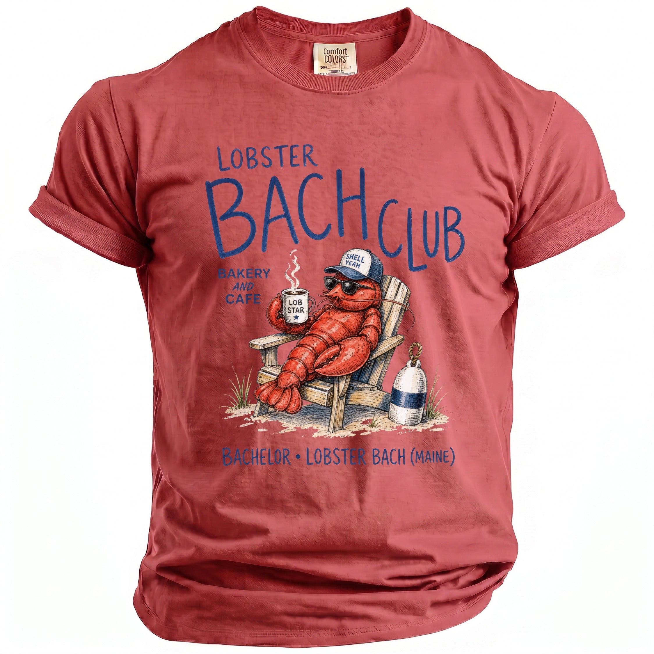Red t-shirt with "Lobster Bach Club" text and cartoon lobster relaxing.