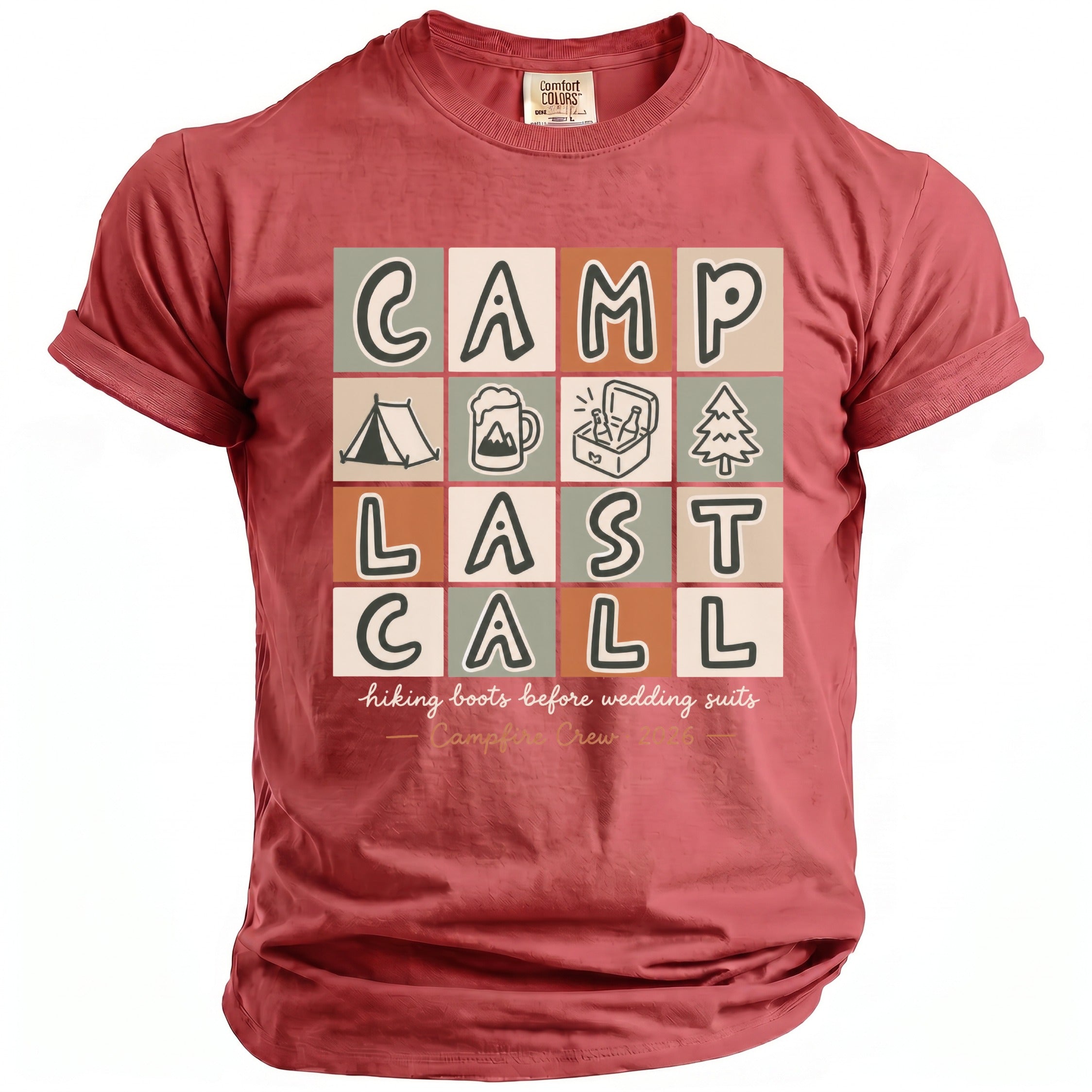Red t-shirt with "CAMP LAST CALL" graphic featuring icons and "Campfire Crew 2026".