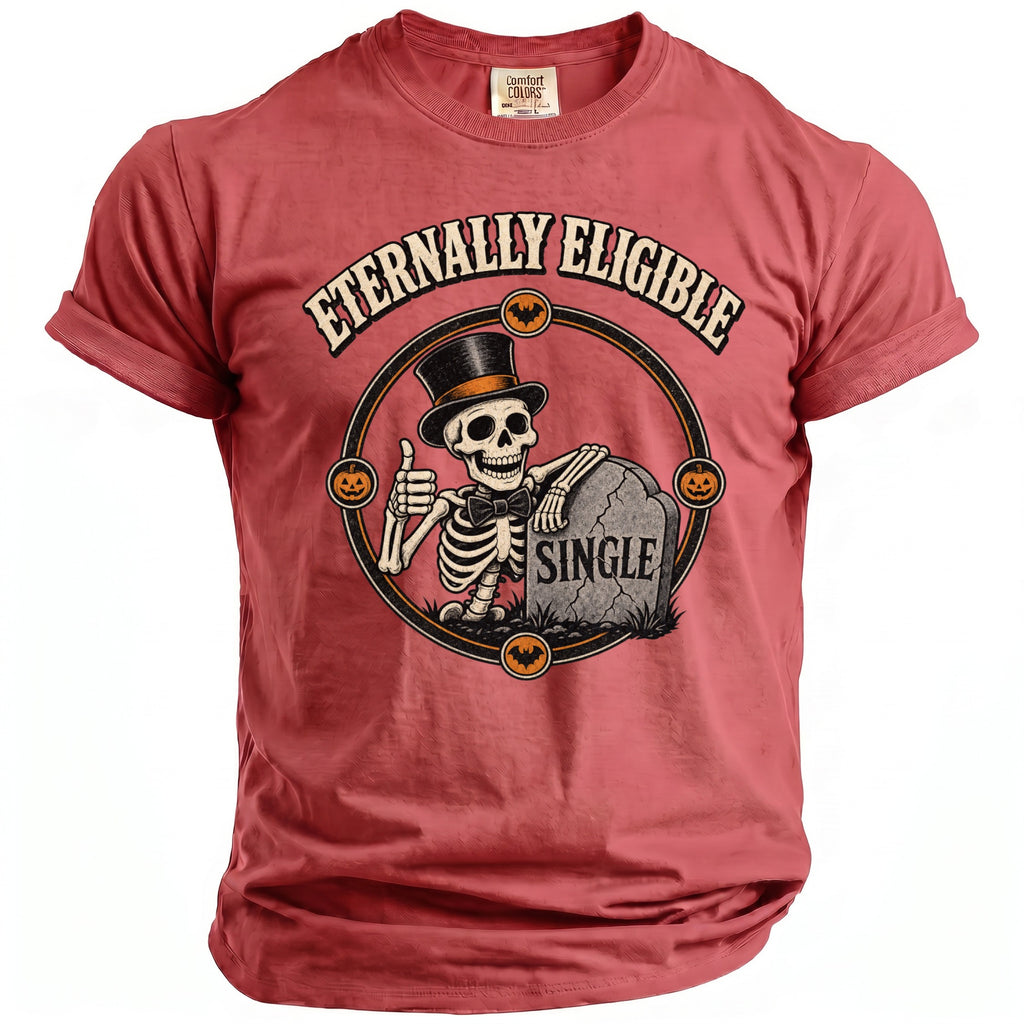 Red t-shirt with a skeleton in a top hat giving a thumbs up next to a tombstone.