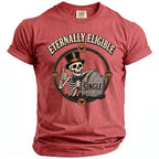 Red t-shirt with a skeleton in a top hat giving a thumbs up next to a tombstone.