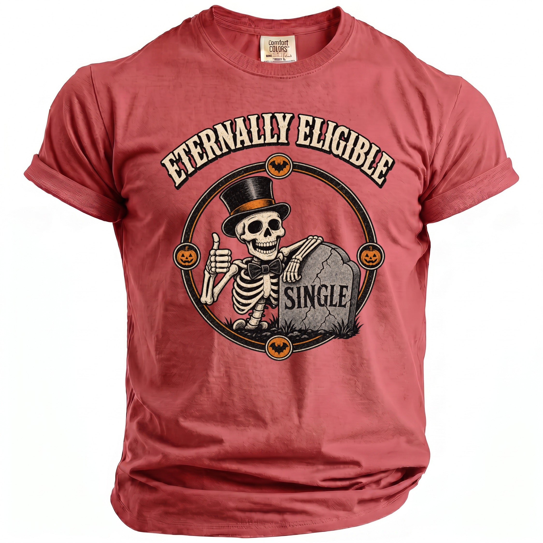 Red t-shirt with a skeleton in a top hat giving a thumbs up next to a tombstone.