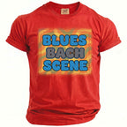 Red t-shirt with "Blues Bach Scene" text in colorful bubble letters.