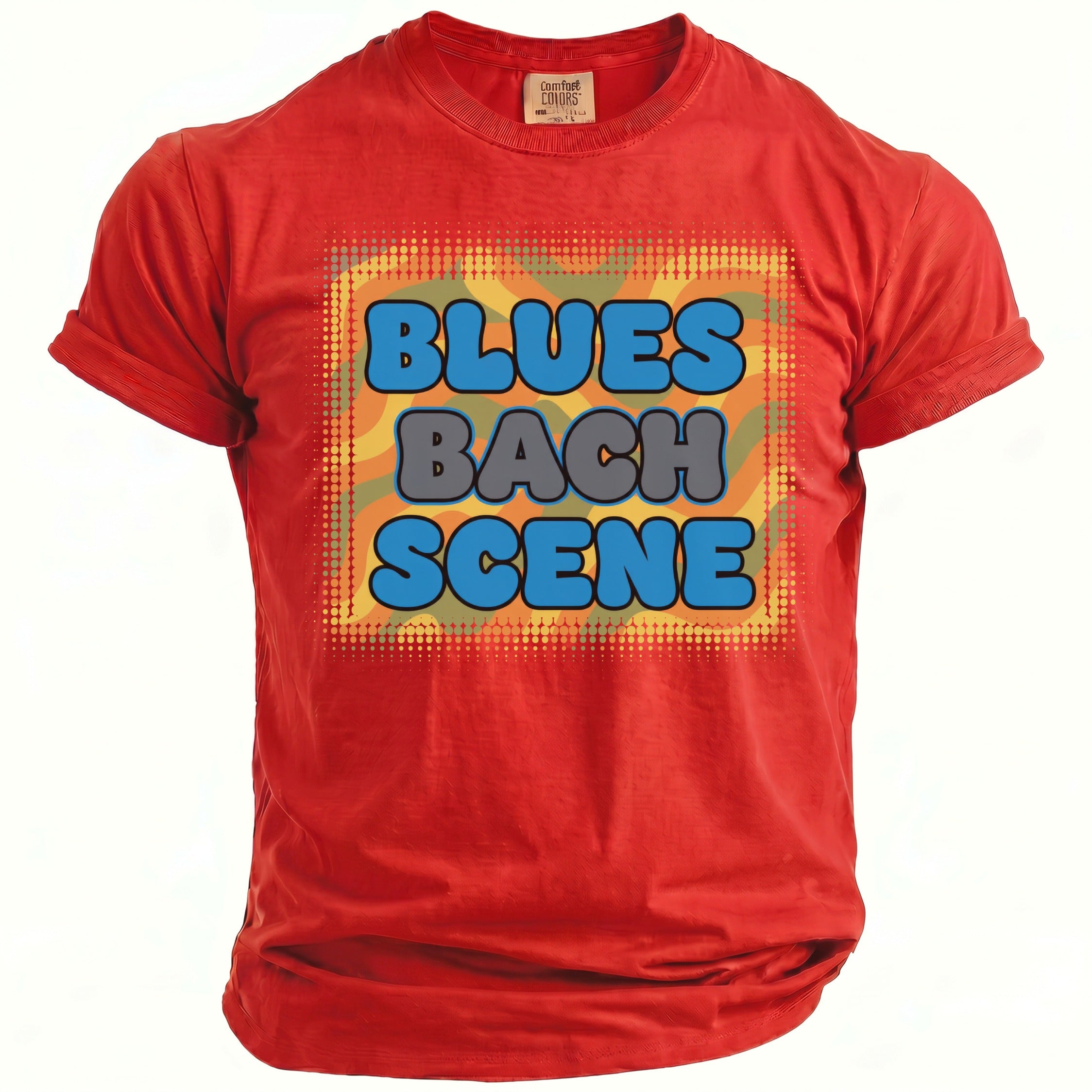 Red t-shirt with "Blues Bach Scene" text in colorful bubble letters.