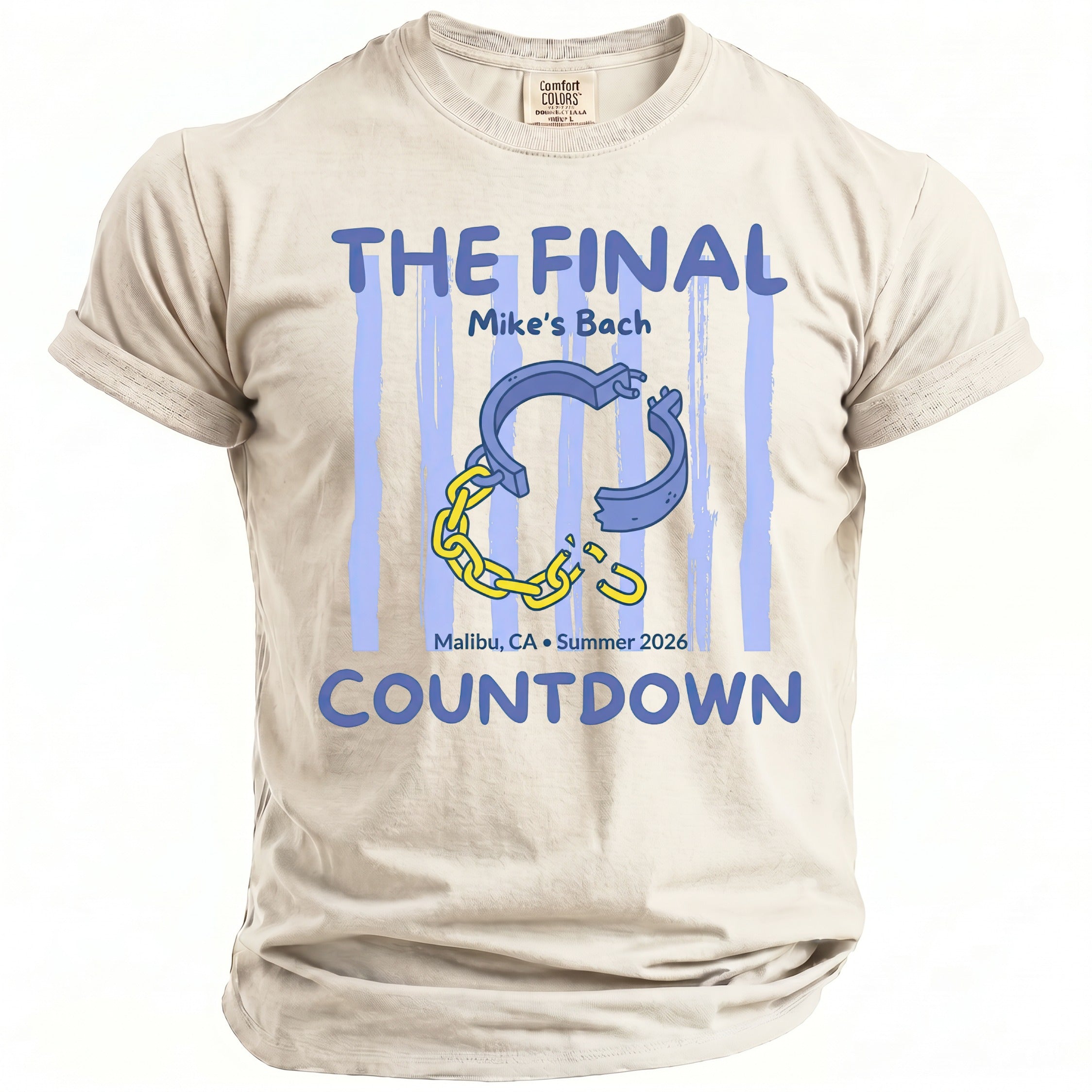 Tan t-shirt with "The Final Countdown" and broken shackles graphic.