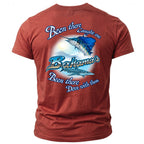 Orange t-shirt with "Been there Caught one Bahamas Been there Dove with them" text and artwork.