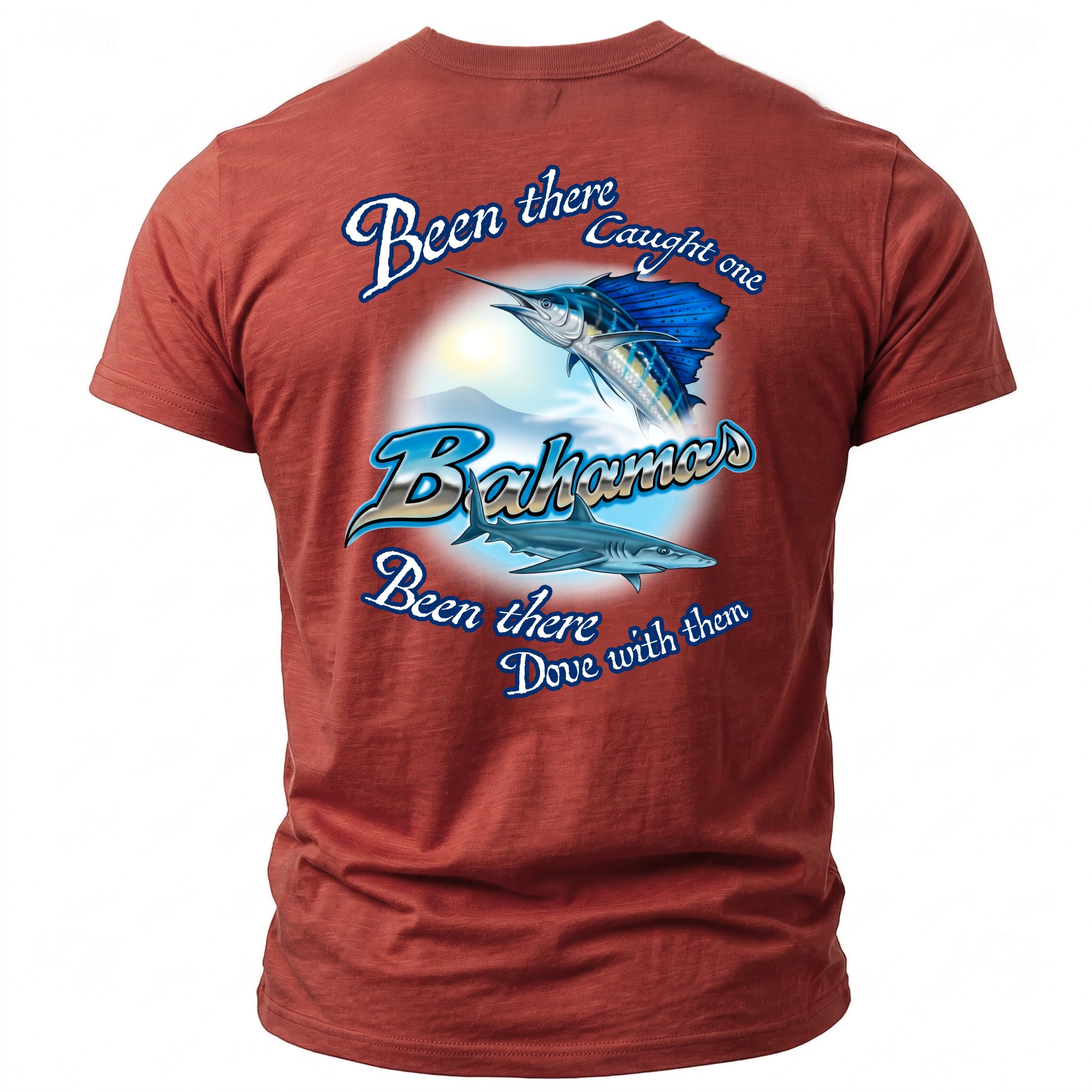Orange t-shirt with "Been there Caught one Bahamas Been there Dove with them" text and artwork.
