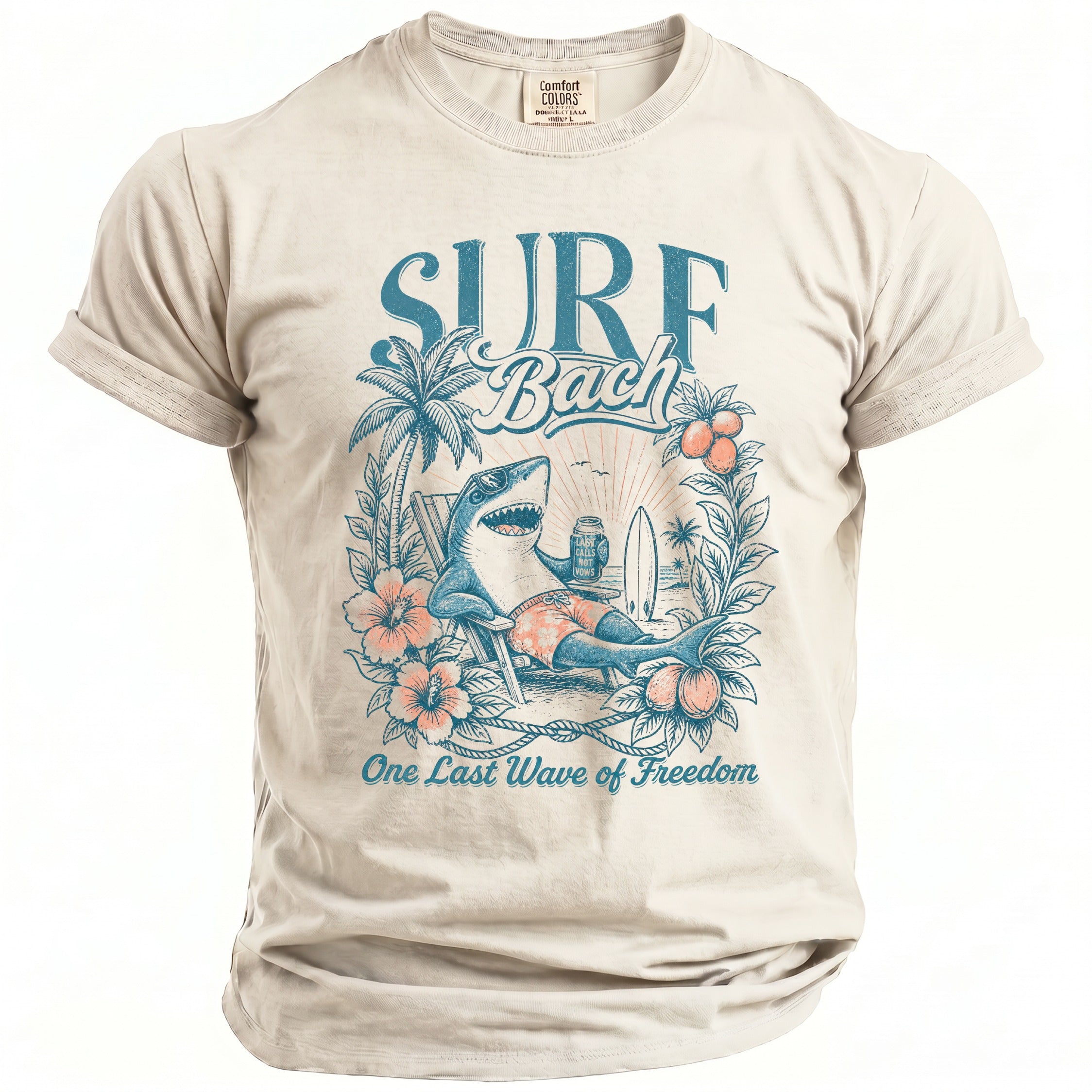 Shark in beach chair with drink, text "SURF Bach" and "One Last Wave of Freedom".