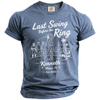 Blue t-shirt with "Last Swing Before the Ring Kenneth Miami, FL Est. 2026" text.