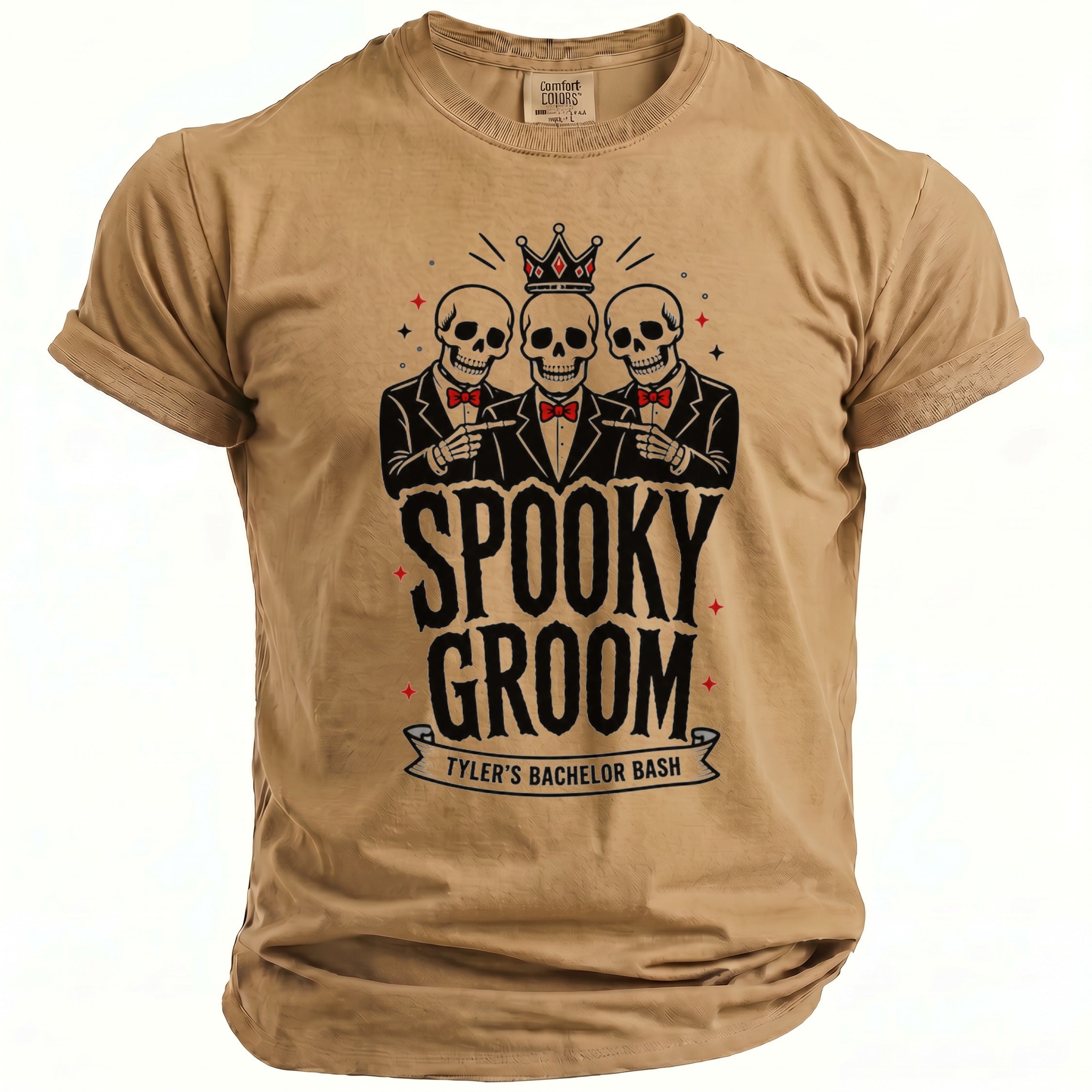 T-shirt with three skulls wearing suits and bow ties, text reads "Spooky Groom Tyler's Bachelor Bash".
