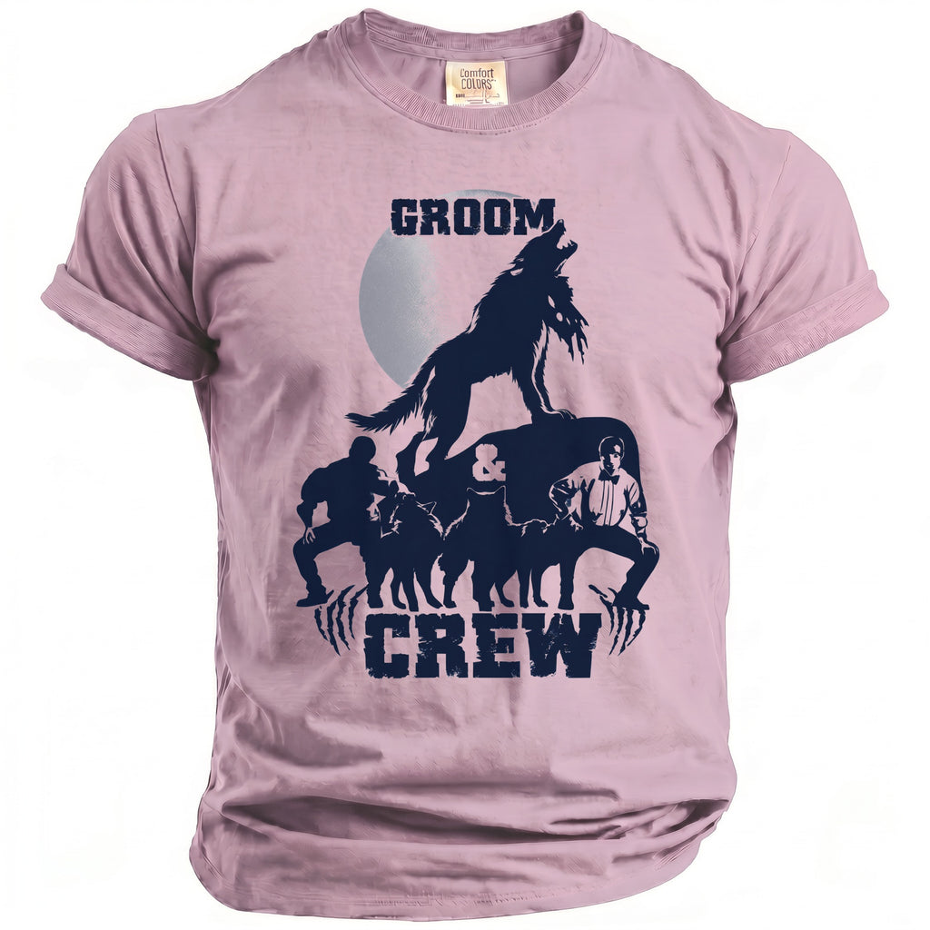 Pink t-shirt with "GROOM CREW" text and werewolf graphics.