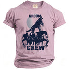 Pink t-shirt with "GROOM CREW" text and werewolf graphics.