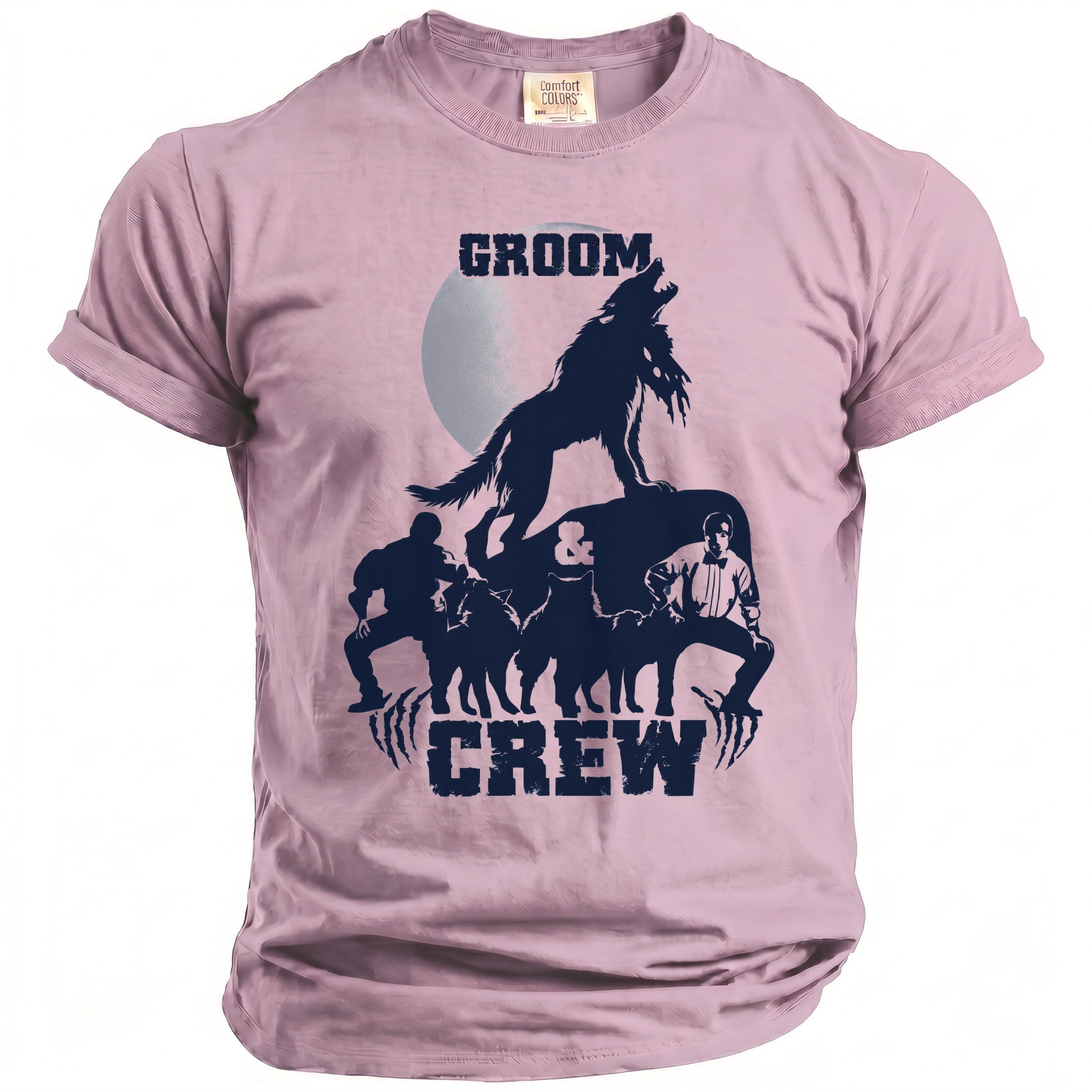 Pink t-shirt with "GROOM CREW" text and werewolf graphics.