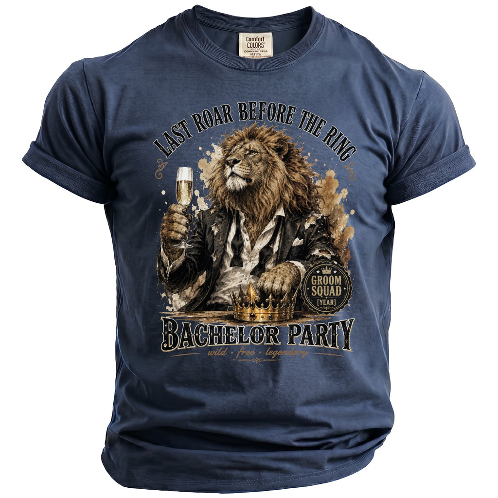 T-shirt with a lion in a suit holding champagne, and text about bachelor party.