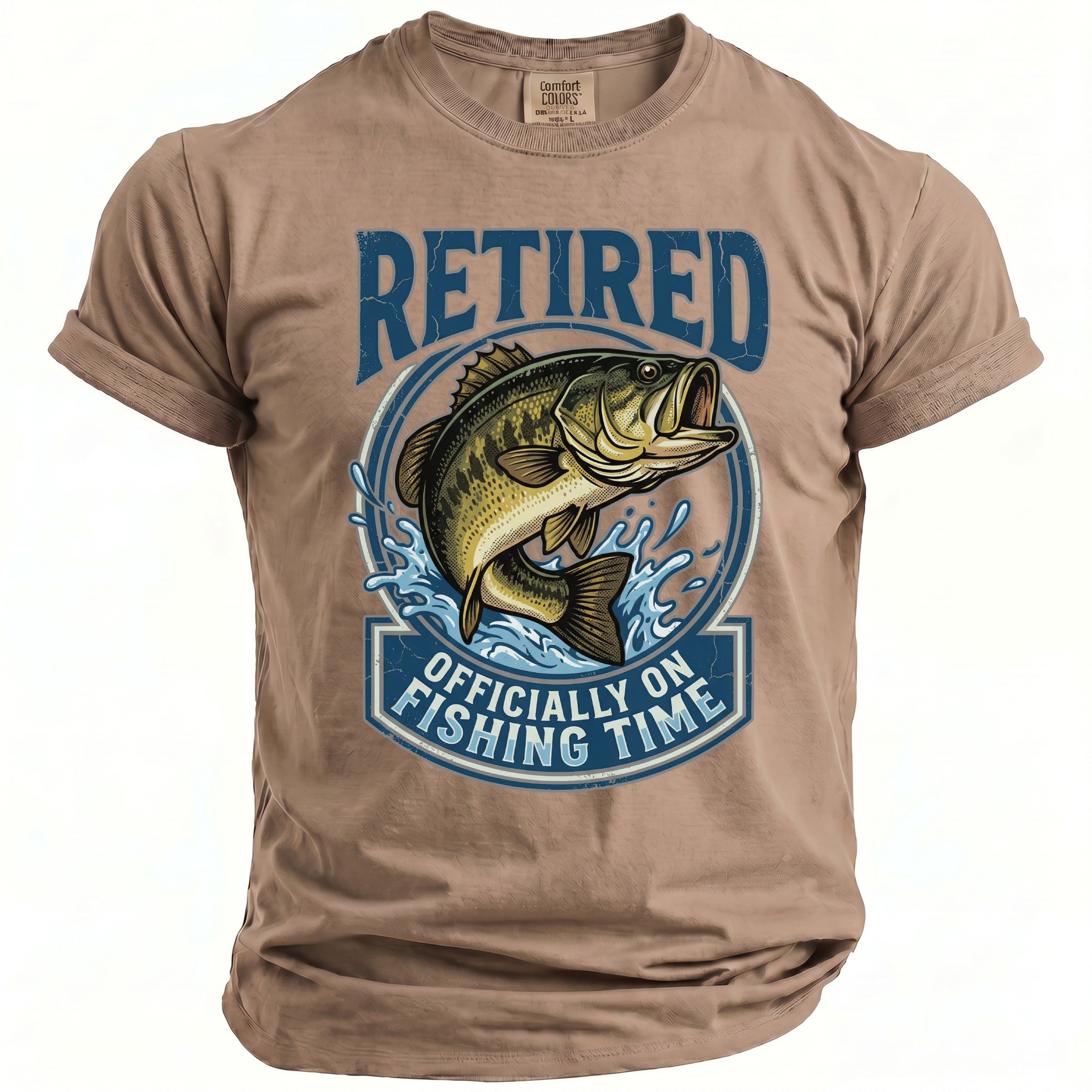 Brown t-shirt with "Retired Officially on Fishing Time" text and jumping bass graphic.