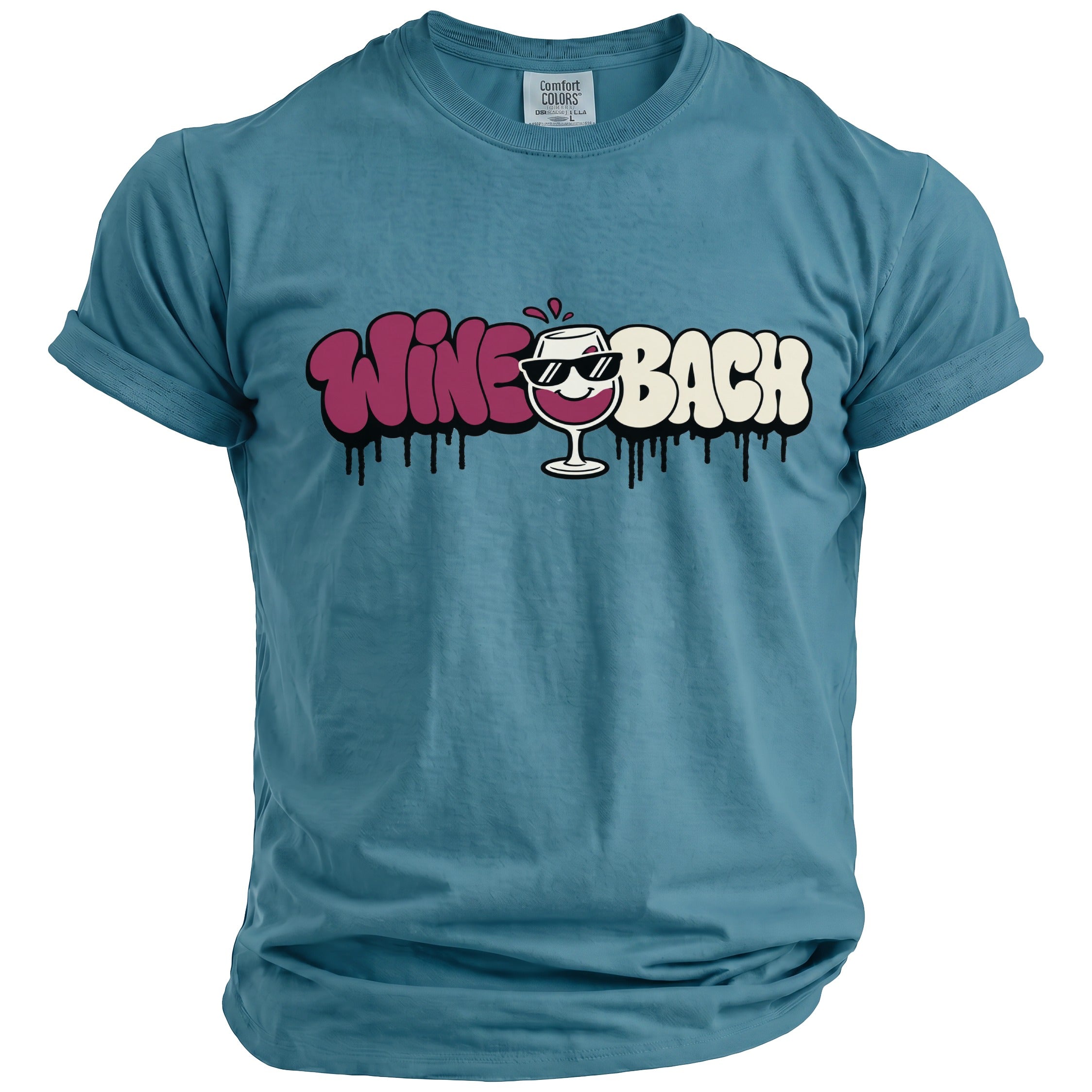 Blue t-shirt with "Wine Bach" text featuring a cartoon wine glass with sunglasses.