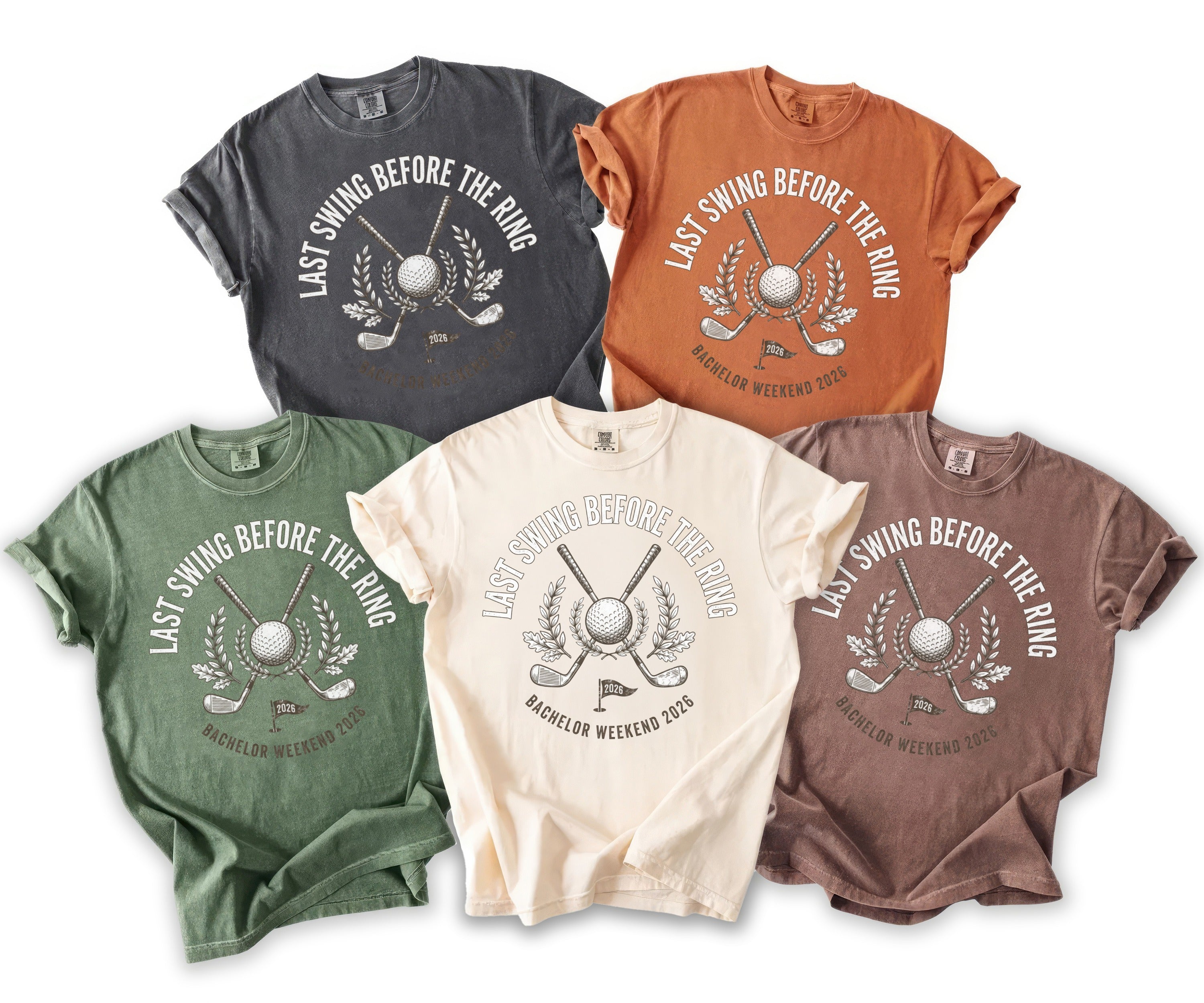 Five t-shirts in various colors feature "Last Swing Before the Ring" and golf graphics.