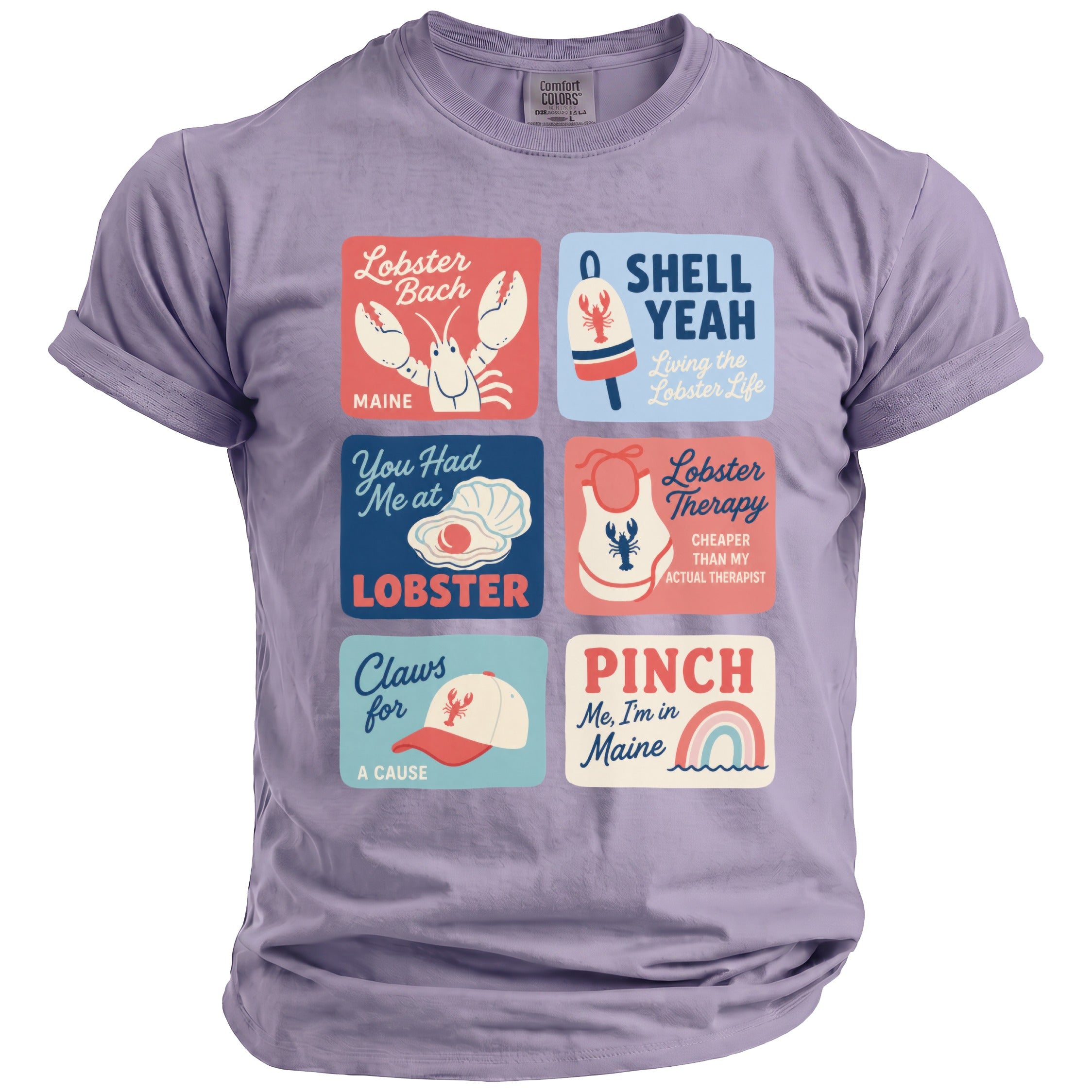 Purple t-shirt with six square graphics featuring lobster, oyster, and Maine-themed text and illustrations.