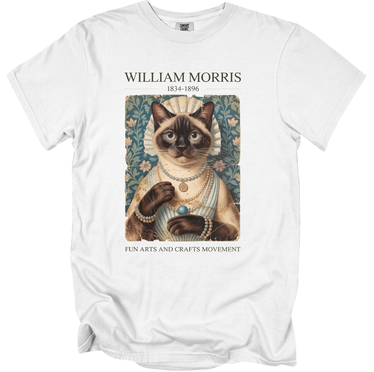 William Morris cat portrait with "FUN ARTS AND CRAFTS MOVEMENT" text.