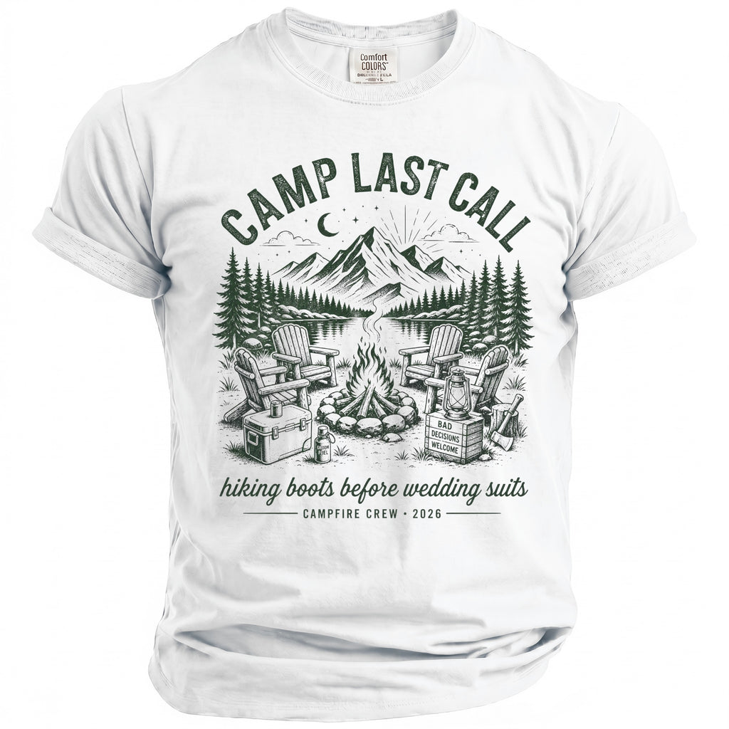 White t-shirt with "Camp Last Call" graphic depicting a campfire scene.