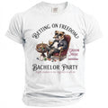 Bulldog in suit smoking cigar at roulette table, "Bachelor Party" text.