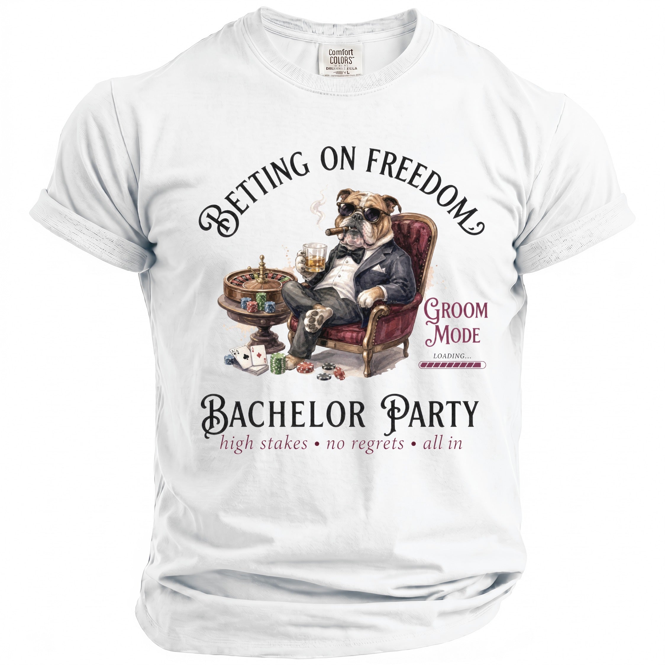 Bulldog in suit smoking cigar at roulette table, "Bachelor Party" text.