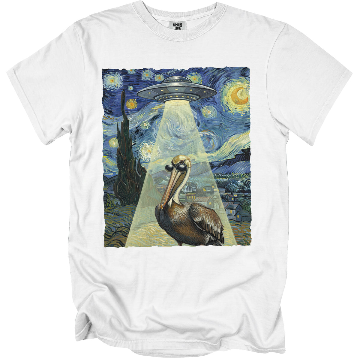 Pelican in sunglasses beamed up by UFO under a starry Van Gogh-style sky.