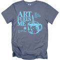 Shirt with "ART FUELS ME" text and paint brush in mug graphic.