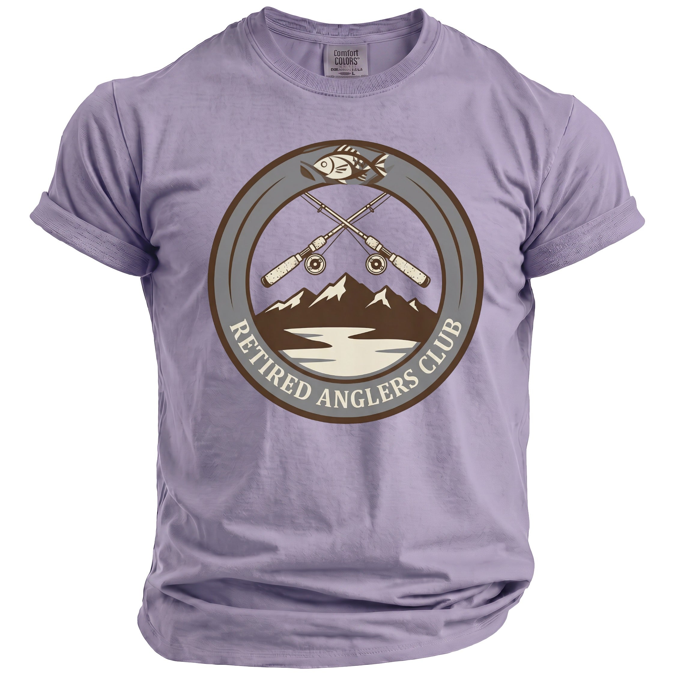 Purple t-shirt with "Retired Anglers Club" circular graphic featuring fishing rods and mountains.