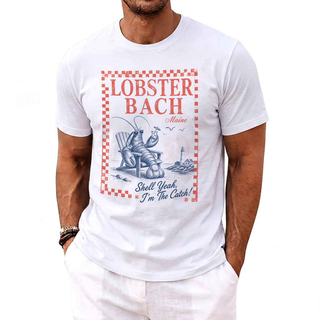 White t-shirt with lobster sitting in Adirondack chair. Text reads "Lobster Bach Maine".