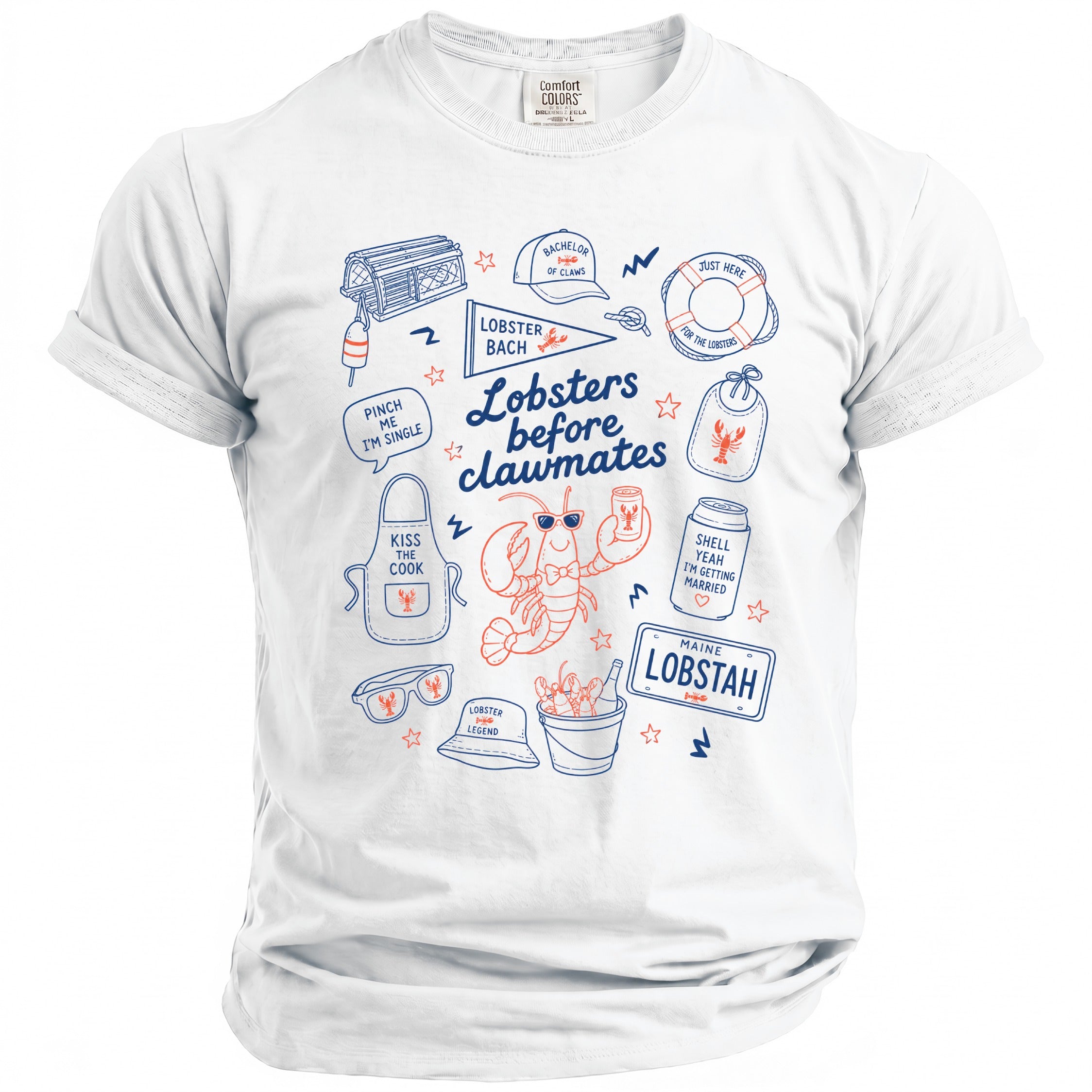 White t-shirt with "Lobsters before clawmates" graphic and lobster-themed illustrations.