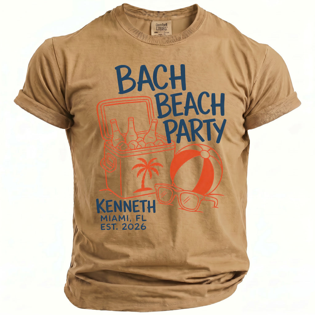 Tan t-shirt with "Bach Beach Party" text, cooler, beach ball, and sunglasses graphic.