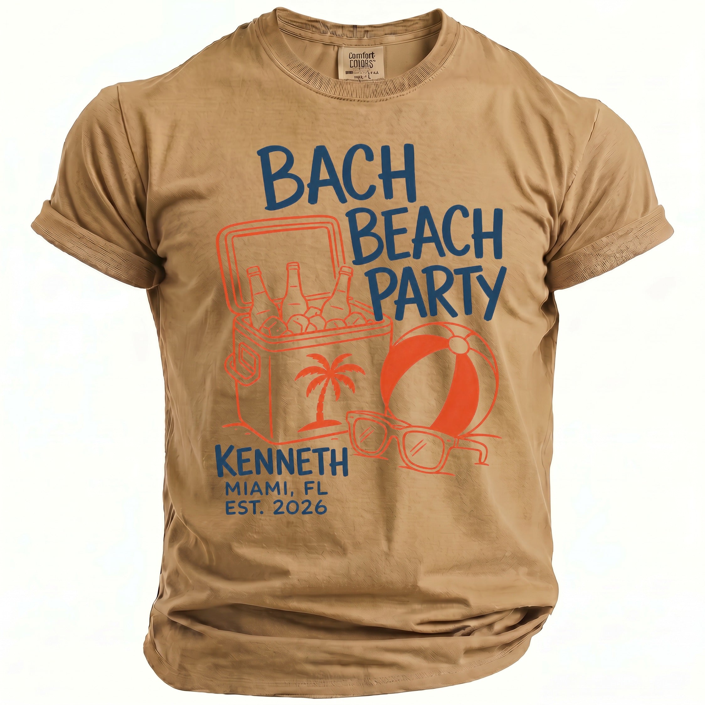 Tan t-shirt with "Bach Beach Party" text, cooler, beach ball, and sunglasses graphic.