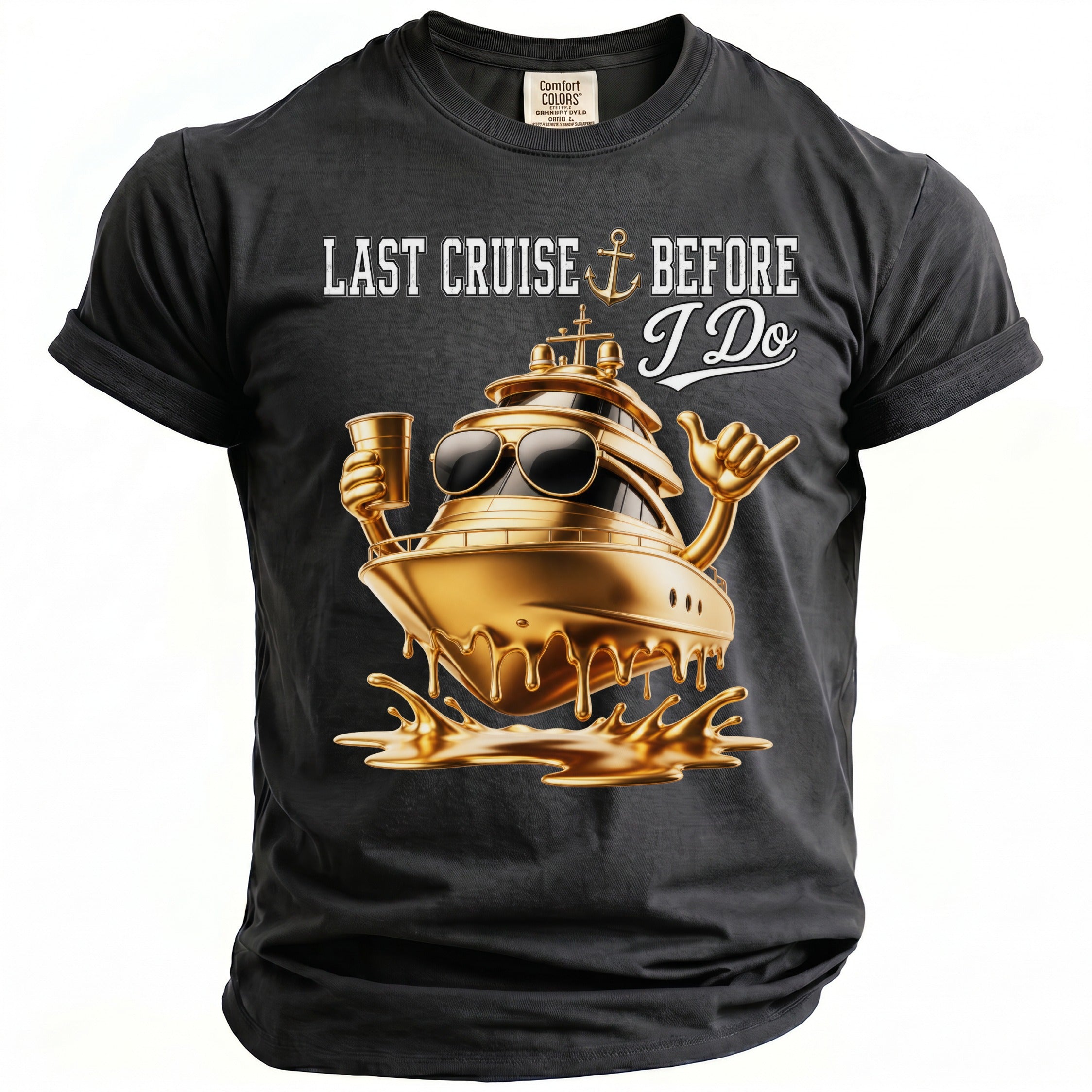 Black t-shirt with "Last Cruise Before I Do" text and golden boat graphic.