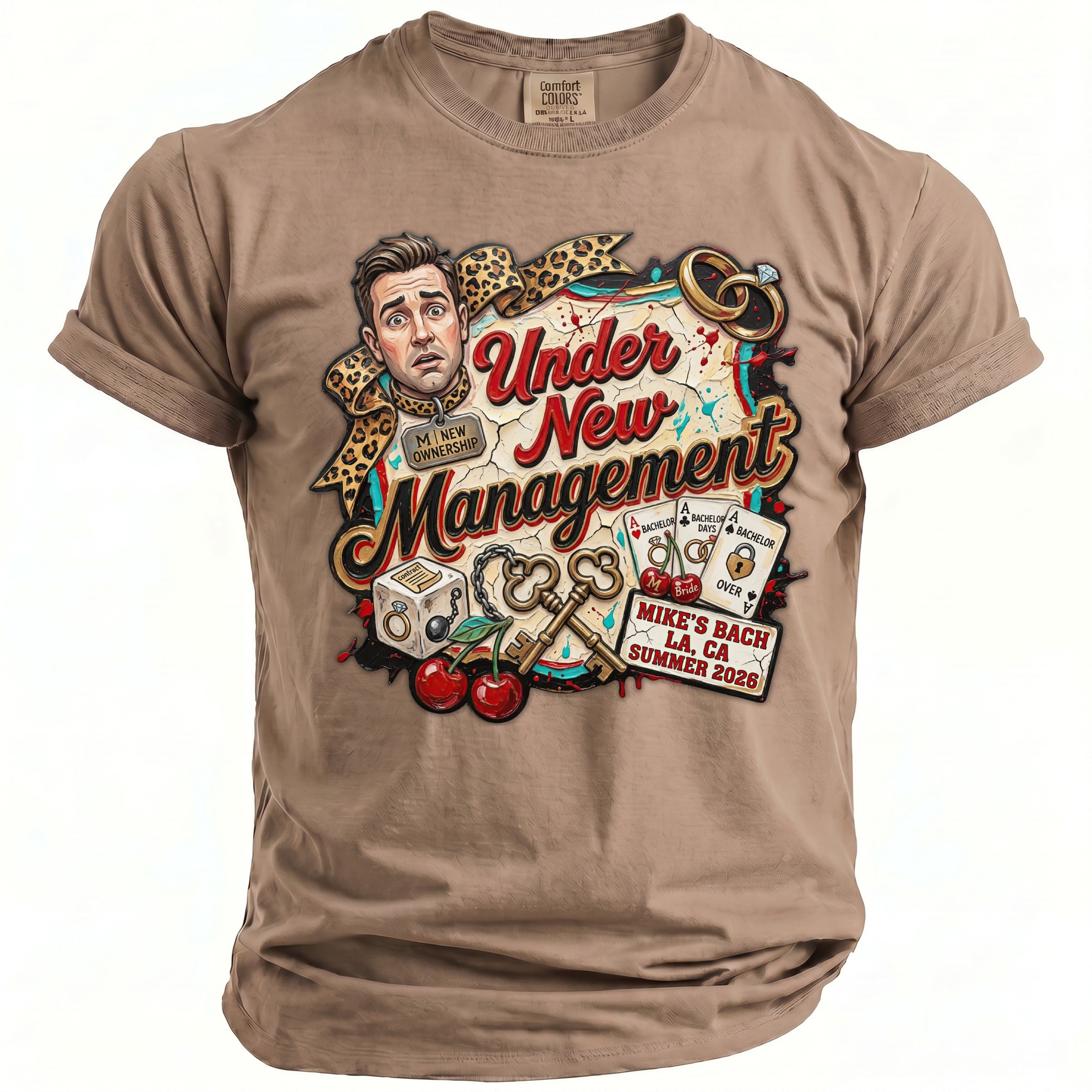 T-shirt with "Under New Management" graphic, man's face, keys, rings, and "Mike's Bach LA, CA Summer 2026".